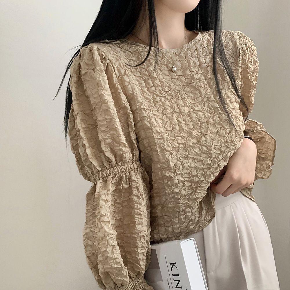 South Korea Chic Spring French Temperament Round Neck Bubble Ruffle Design Loose Casual All-match Lantern Sleeve Shirt Woman