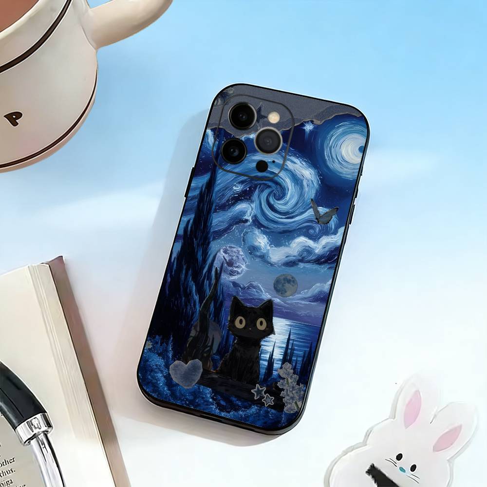 Van Gogh Chibi Cat  Phone Case Silicone Soft For IPhone 17 16 15 14 13 12 11 X XR Plus Pro Max Plus
