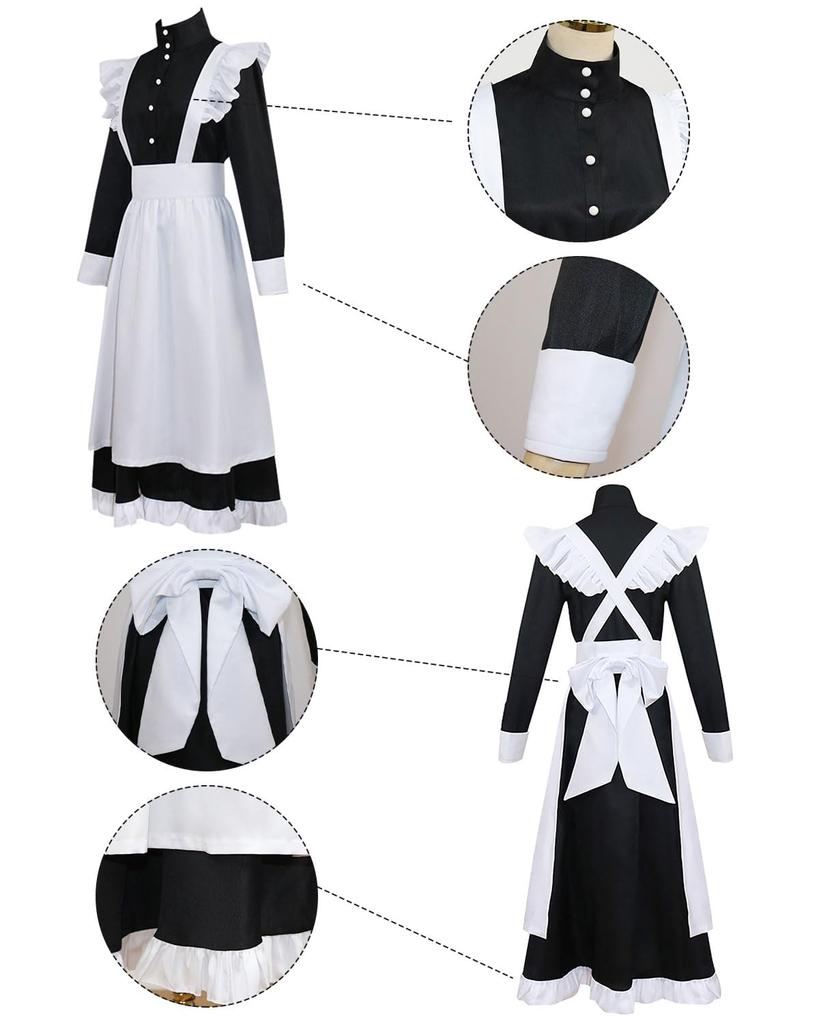 Dienstmädchen im britischen Stil, schwarz und ein Cosplay-4-teiliges langes großes Dienstmädchenkostüm für Jungen und Mädchen [Kamizu Ryohin] Kleidung, lang, weiß, teilig, Kostüm, Set,