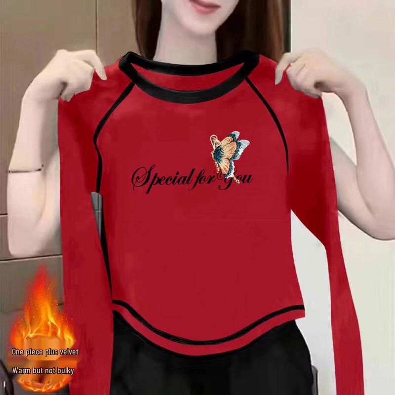 

2024 Женская двухсторонняя велюровая футболка с длинным рукавом – Шикарный и универсальный осенне-зимний топ XXL recommended for 67.5-72.5kg красный