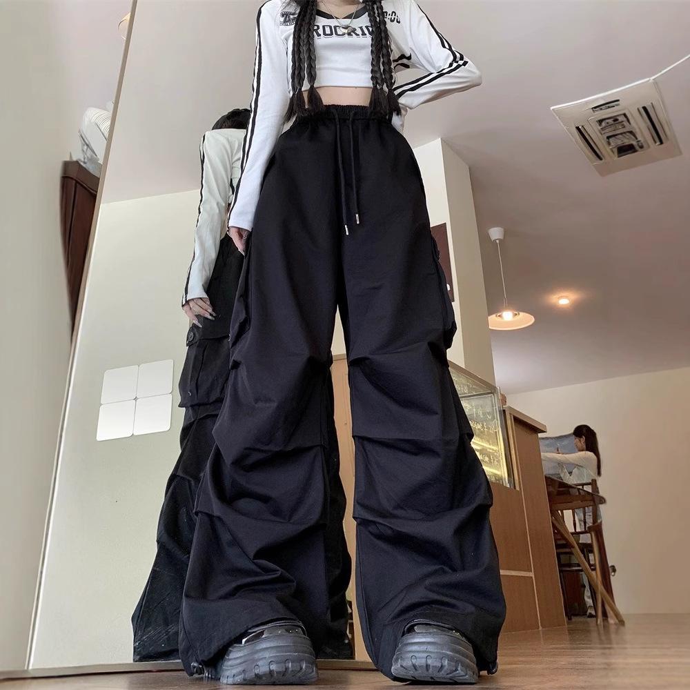 Girls' Chinese Style Pleated Cargo Pants - Spring/Autumn American Street Dance, Outdoor Sports, Plus Size, Straight Leg.