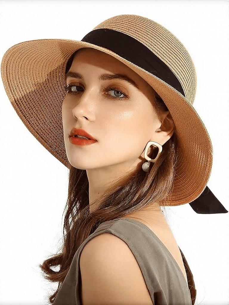 Women Wide Brim Straw Sun Hat With Black Bow Band For Beach Summer