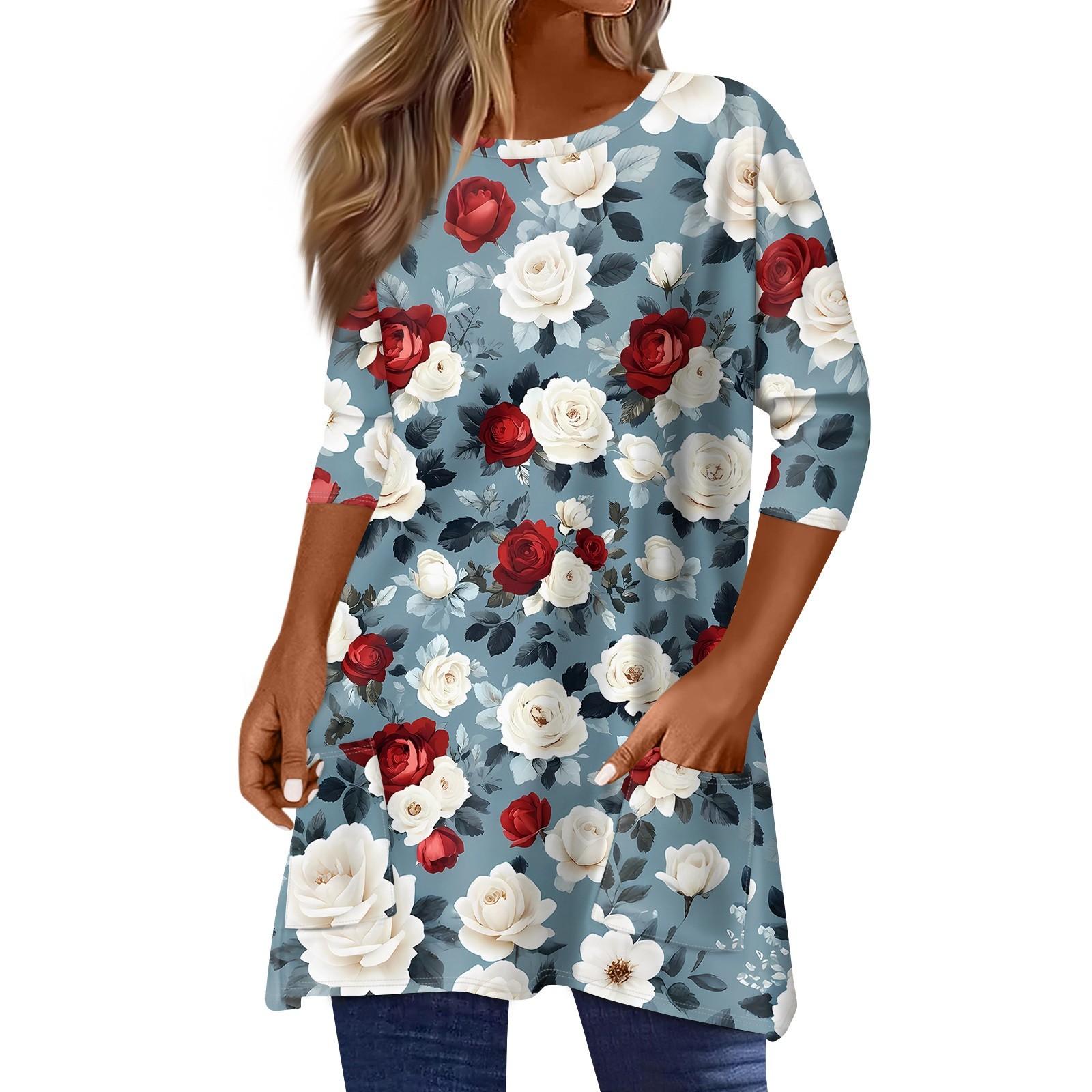 

3/4 Sleeve Pocket Tops For Women Print Mid-length T Shirt Round Neck Blouse L червоний