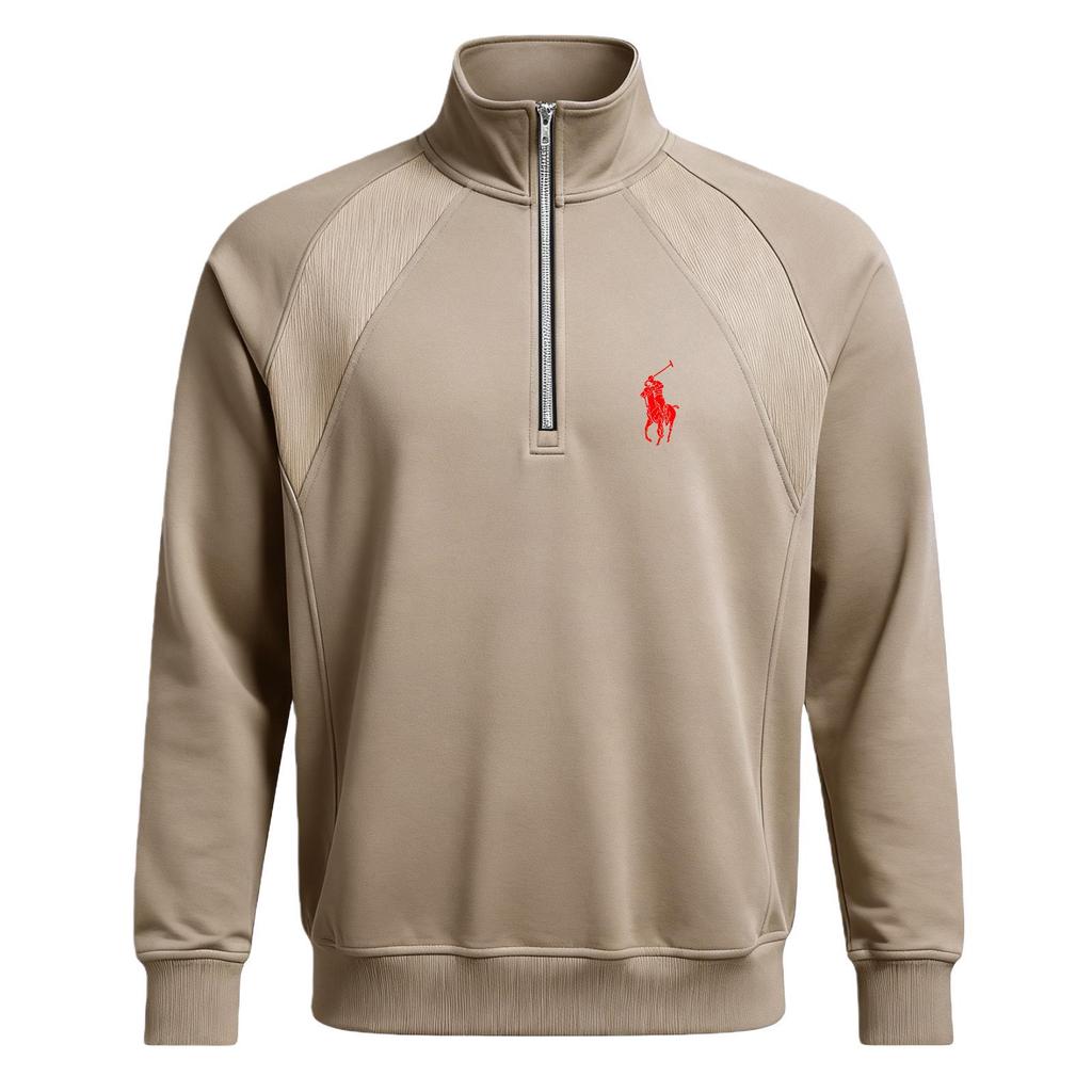Autumn Men's Versatile Printed POLO Stand Collar Half-Zip Plus Velvet Casual Sports Sweatshirt Jacket