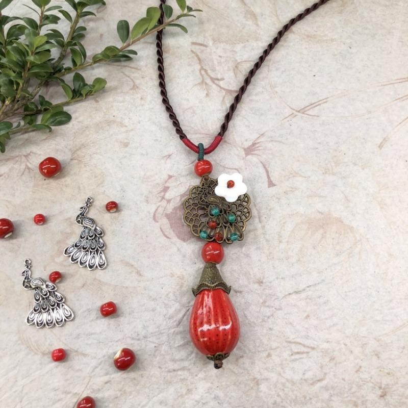 New Forest handmade ceramic necklace, women's retro versatile sweater chain simple long accessories pendant