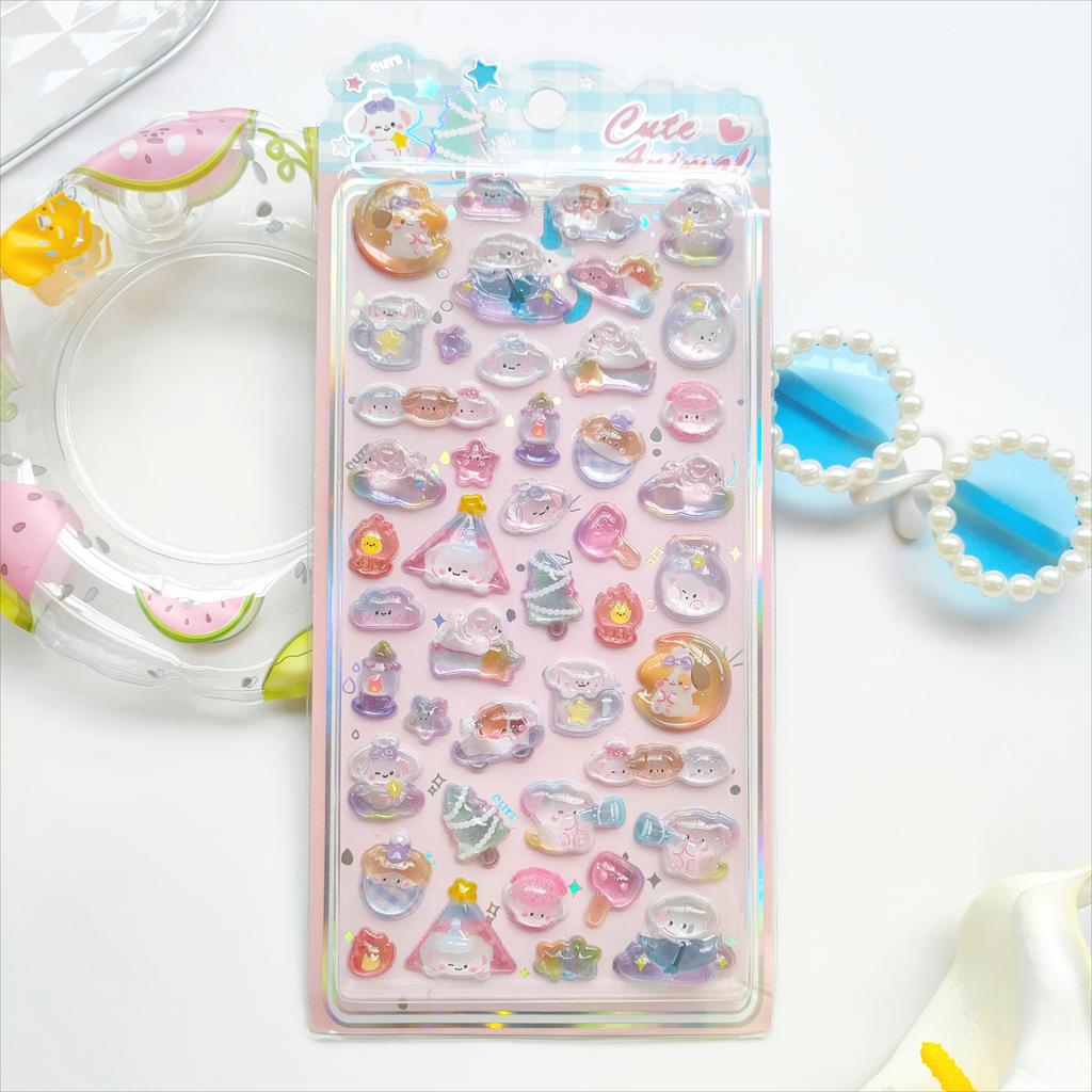 Fun Animal Tea Time Embossed Stickers - Rabbit Cat Afternoon Tea Sweet 3D Decor for Journal Diary DIY Kawaii Materials