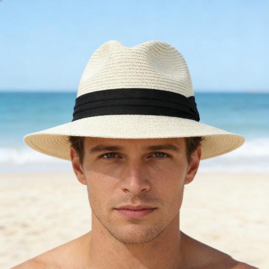 Panama Hat Women Men Wide Brim Straw Beach Hat Ribbon Decor Breathable Elastic Fit Summer Sun Hat Vacation Accessory