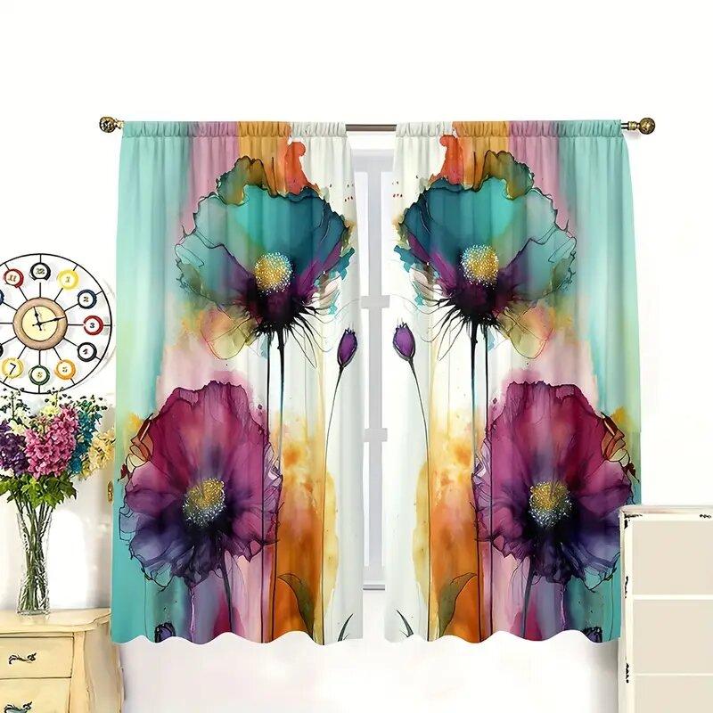 Set Of 2 Retro Colorful Floral Pattern Printed Curtains Window Decorations Home Room Made Polyester