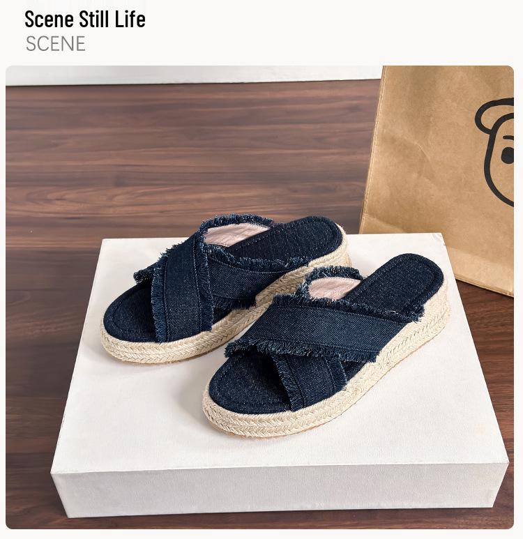 Women s Japanese Style High Heel Denim Espadrille Wedge Flip-Flops 37