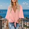 Camicia Estiva da Donna Scollo a V Manica Corta Abbottonatura con Bottoni Allacciatura in Vita Top Colore Unico Vestibilità Larga Stile da Pendolare Camicia