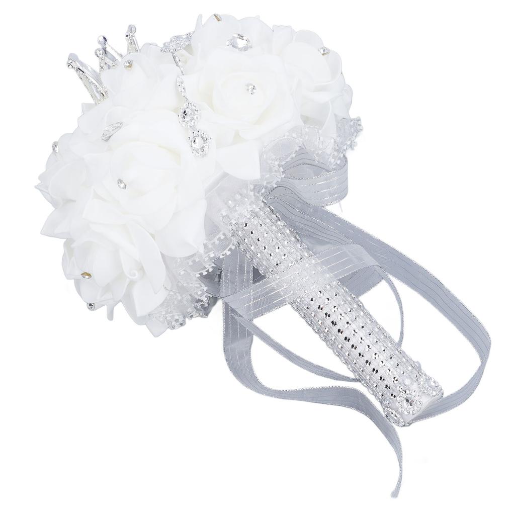 Wedding Bouquet with Crown 10.6 Inch PU Lace Satin Bridal Bridesmaid Artificial Flower Hand Bouquet for Wedding Party