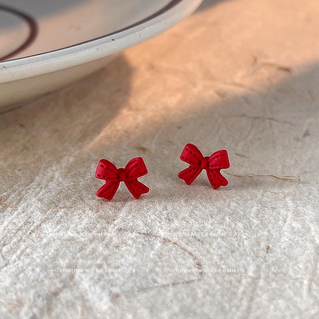 Christmas Red Bow Stud Earrings for Women - Japanese Korean Sweet Girlish Style New Year Accessories