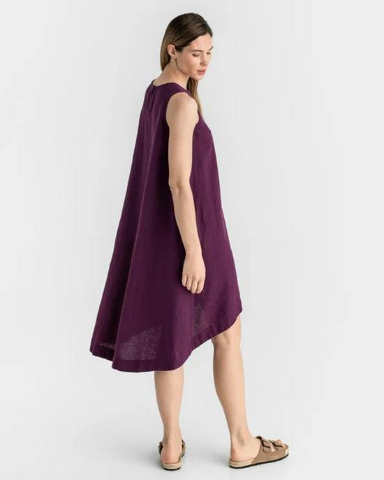 Summer Cotton Linen Solid Color Sleeveless Irregular Round Neck Long Dress