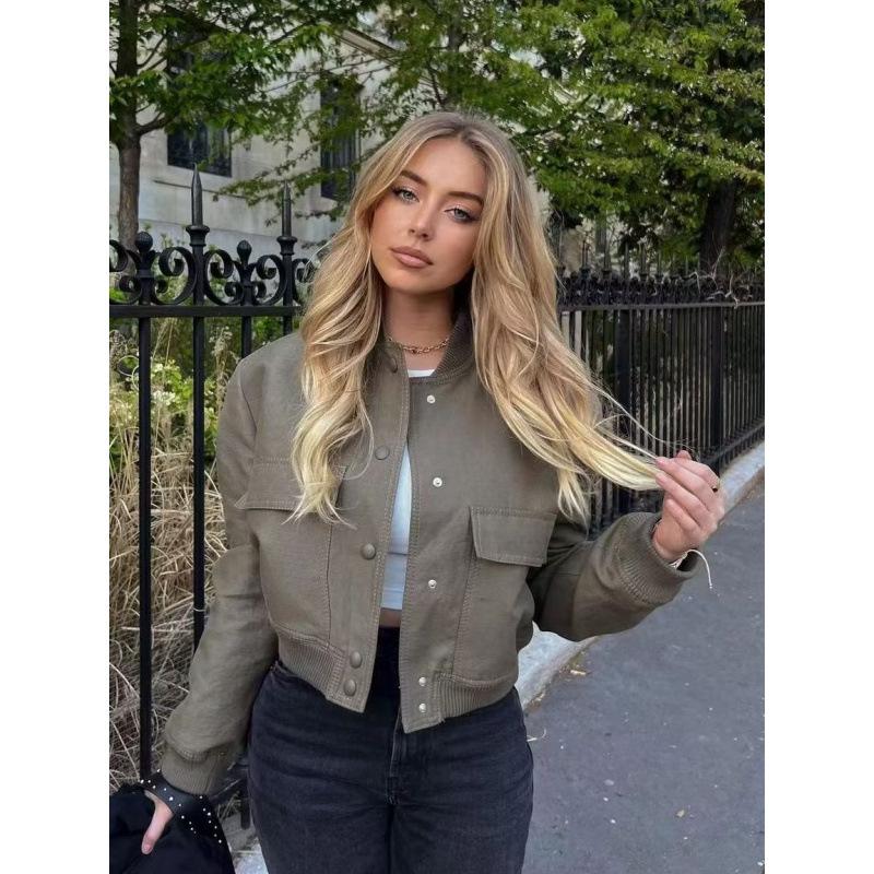 Spring and Autumn New Style Stand-up Collar Big Pocket Women's Jacket, Fashionable and Simple Commuter All-match Jacket