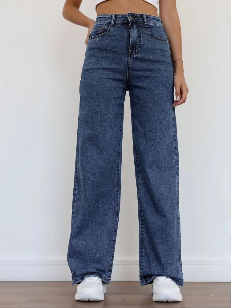 

Women s High-Waisted Straight-Leg Casual Jeans - European and American Style, Solid Color XS синий