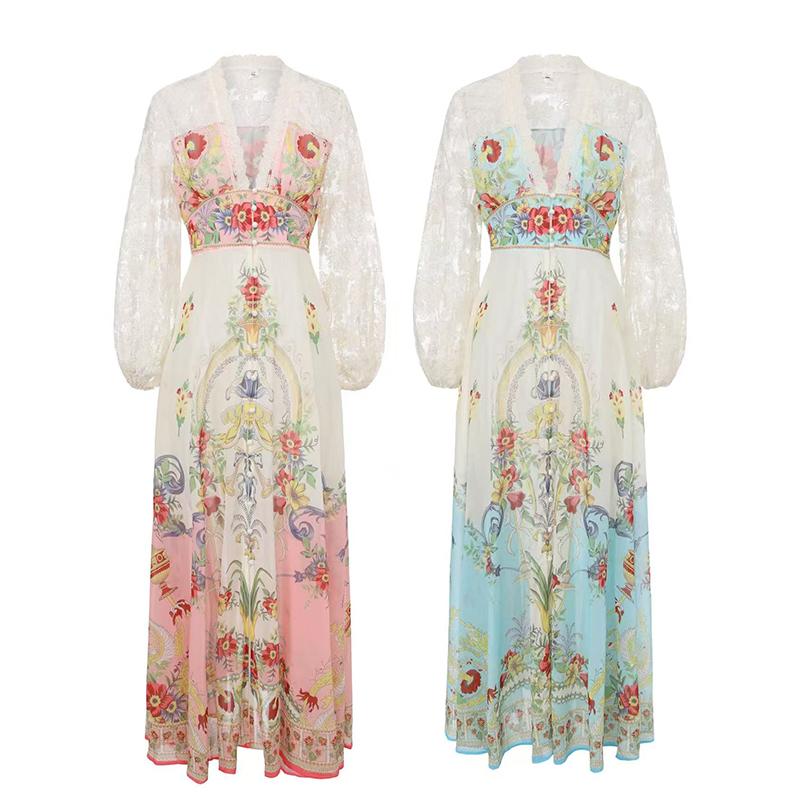 2026 Spring/Summer Resort-Style V-Neck Puff Sleeve Lace-Panel Printed Long Maxi Dress