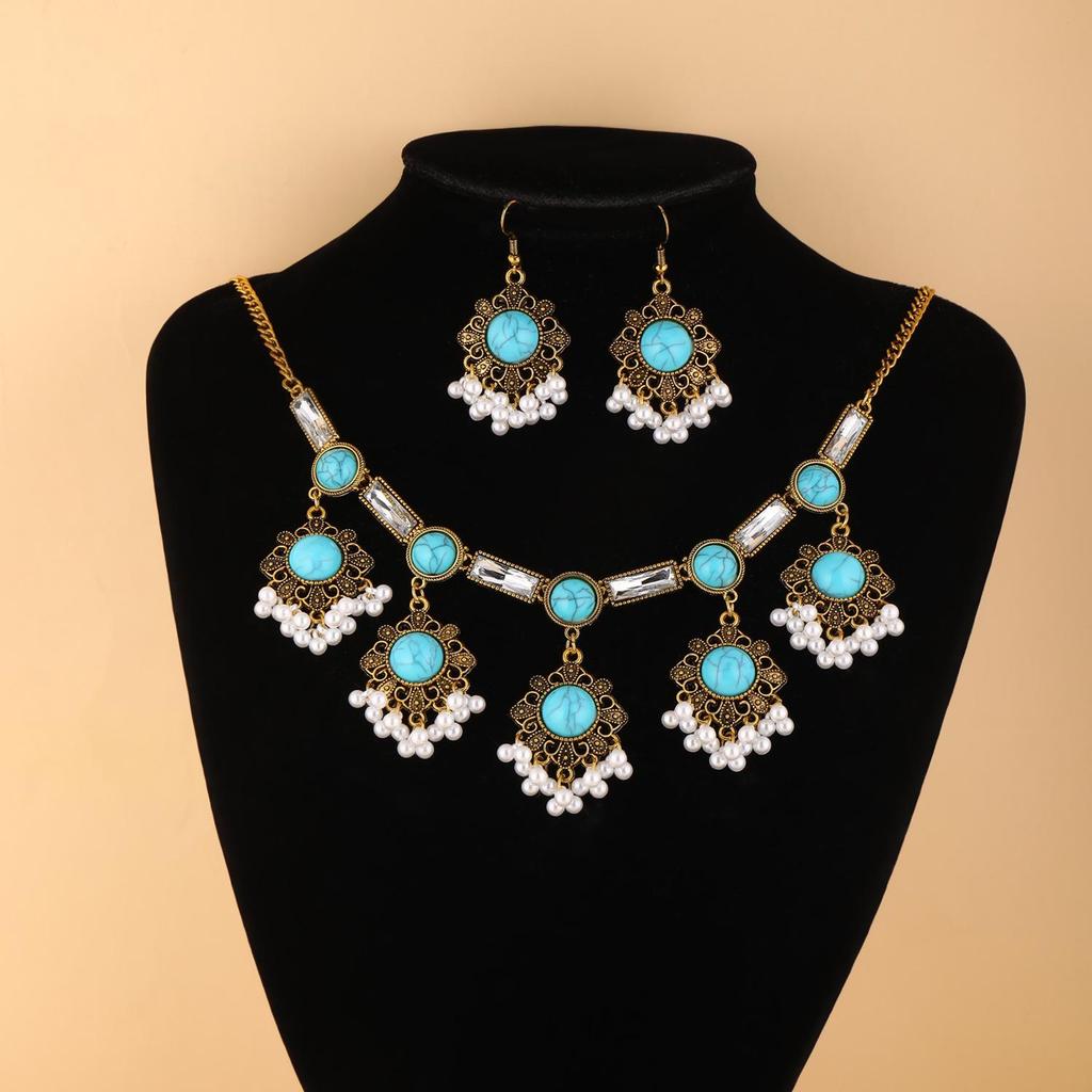 European & American Ethnic Geometric Gemstone Jewelry Set: Necklace & Earrings