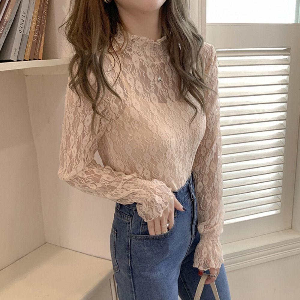 Dot Lace Flower Top Half High Collar Long Sleeved Mesh T-Shirts Transparent Pullover Top  Summer
