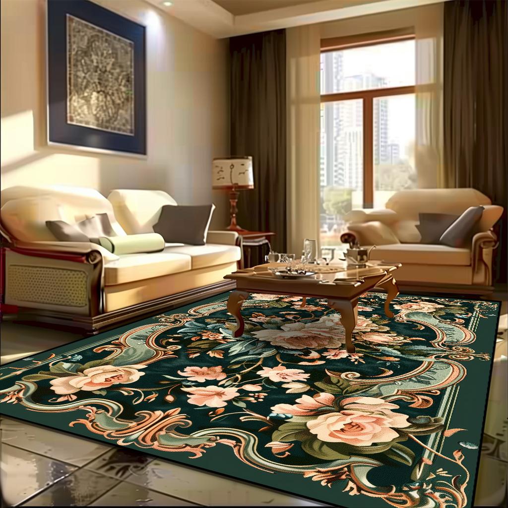 European Carpet Living Room Pastoral Flower Home Carpet Modern Light Luxury Style Bedroom Rug Non-slip Lounge Floor Mat Washable