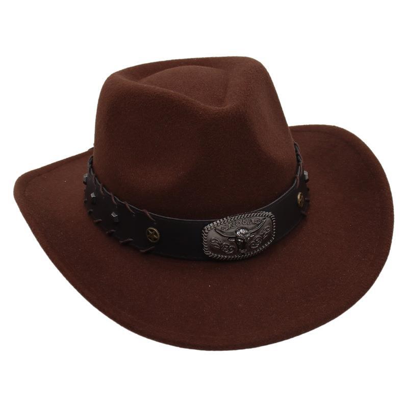 

Crossed Bull Head Badge Top Hat Western Cowboy Hat British Jazz Hat National Style Felt Hat Knight Hat Elegant One size fits all темно-коричневого кольору