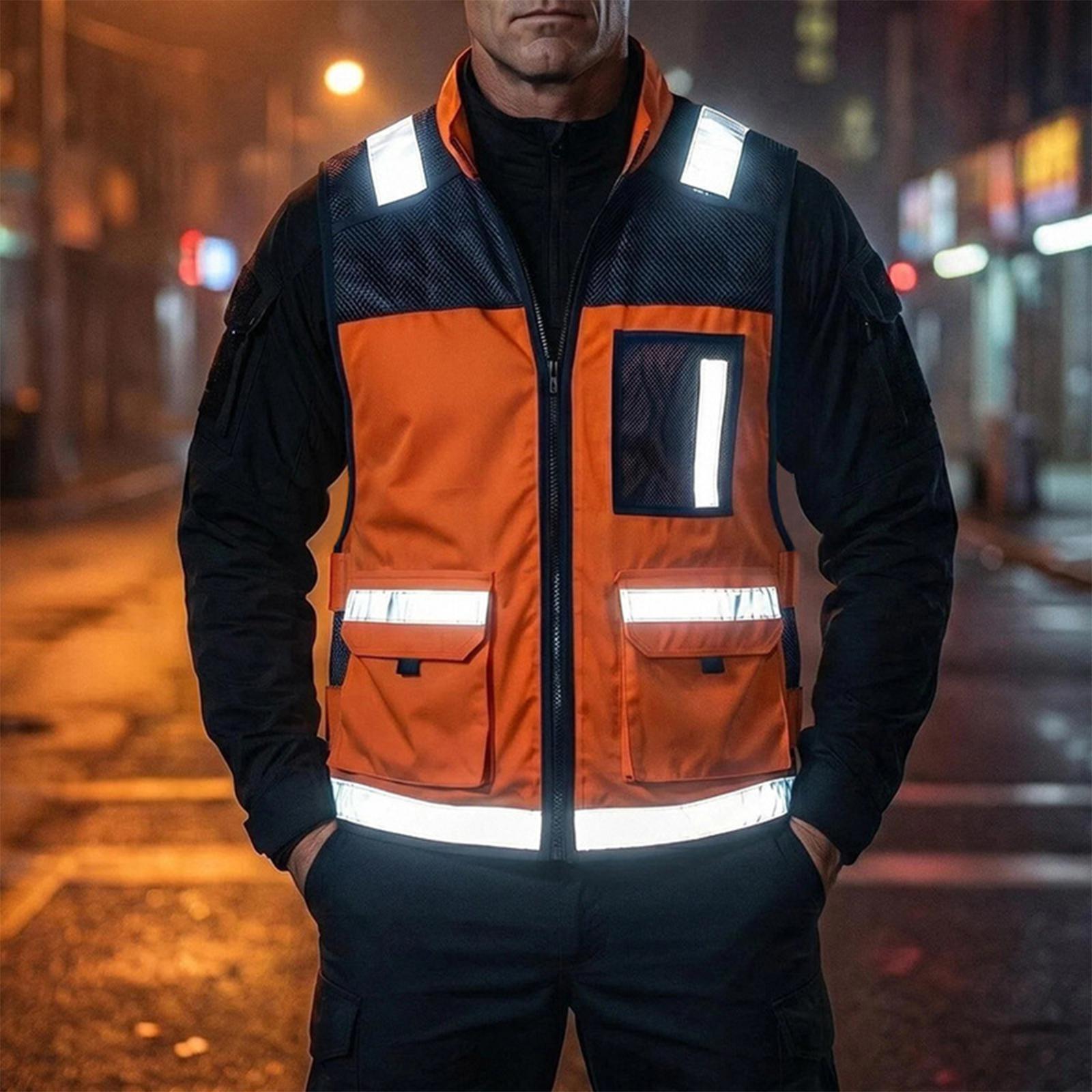 Men s Utility Work Vest with Reflective Strips Multi Pocket Zipper Front Safety Patrol and Emergency Training Vest L шафрановый
