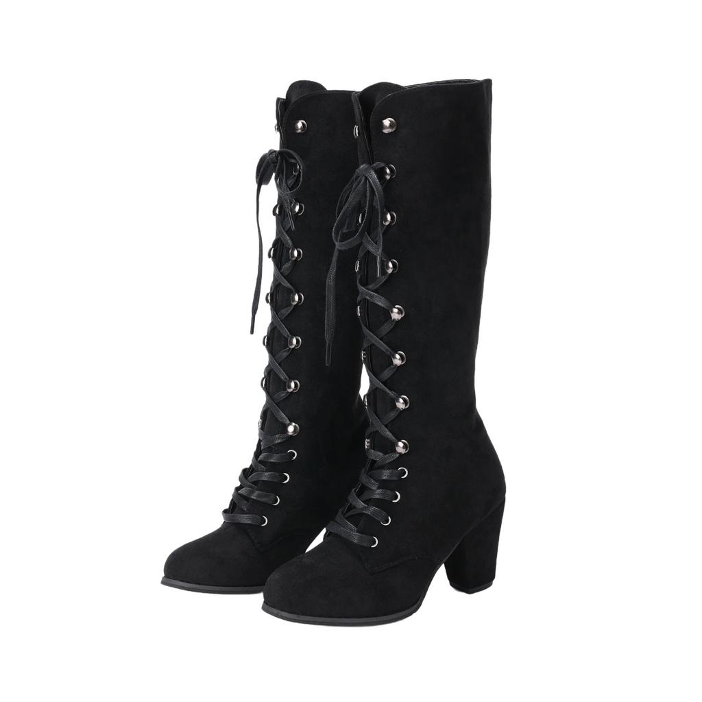 Mode Mittelalterlich Viktorianisch Damen Kniehohe Stiefel Gothic Wildleder Klobiger Absatz Schnürschuhe Mid-Calf Schuhe Cosplay Kostüm