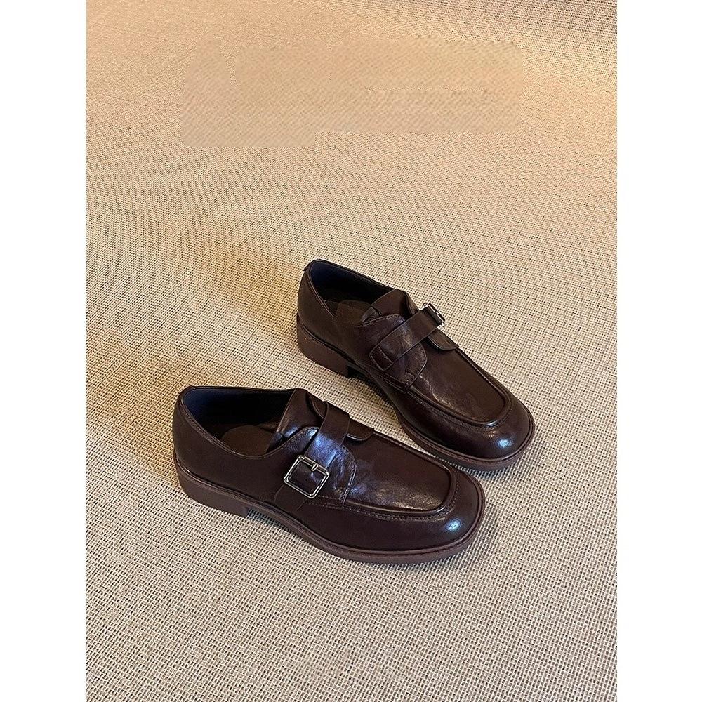 Schafsleder-Version~ Quadratische Gürtelschnalle kleine Lederschuhe Damen 2025 dicker Absatz Mode-Loafer faul vielseitig einzelne Schuhe