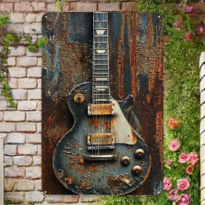 2D Vintage Elektrische Gitarre Metallwandschild - 12x8 Zoll Rustikales Blechdekor für Musikzimmer, Bar, Garage oder Man Cave