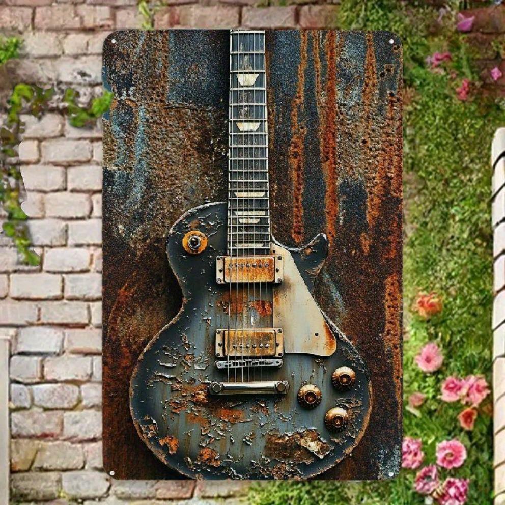 Dwuwymiarowy Vintage Metalowy Znak Ścienny z Elektryczną Gitarą - 12x8 Calowy Rustykalny Blaszany Wystrój do Pokoju Muzycznego, Baru, Garażu lub Jaskini Mężczyzny