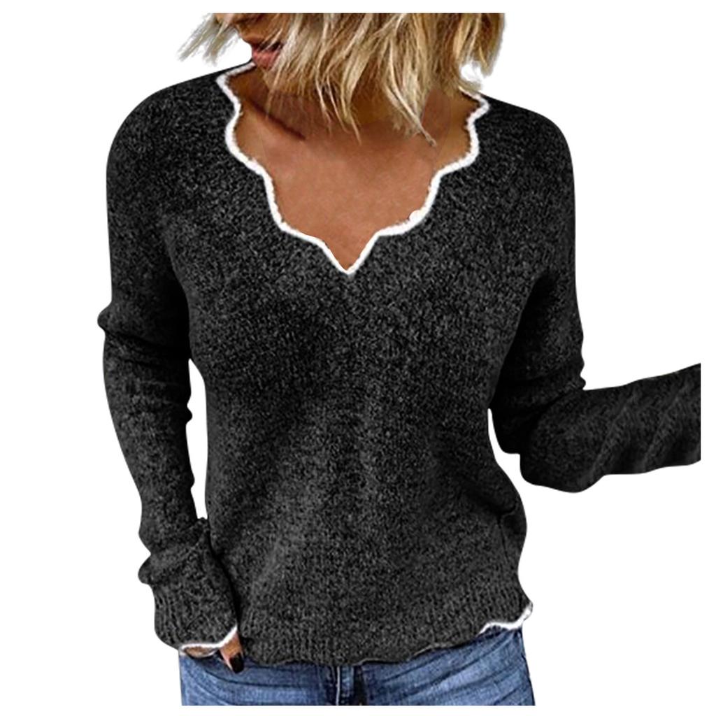 Damen Strickpullover V-Ausschnitt Pullover Tops Dame Einfarbig Lässiger Jumper Winter Weiblich Langarm