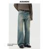 Acrardic American-Style Yellow Mud-Dyed Flared Jeans for Men, High Street Cool Cleanfit Washed Straight-Leg Pants Trendy