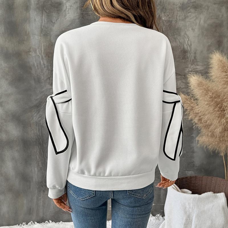 Autumn New Contrast Color Bow Round Neck Long-sleeved Pullover Sweatshirt for Women