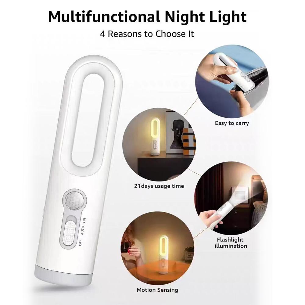 Rechargeable Motion Sensor Camping Light 2-in-1 Portable Flashlight LED Night Light Dimmable Outdoor Camping Tents Bedroom