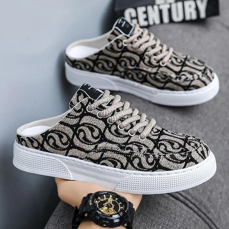 Men's Shoe Canvas Half Slides Mules Summer Casual Male Slipper Original Cheap Shoes Stylish Hot Mascullino Liquidation Eva Fun