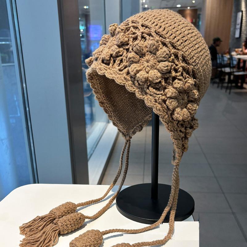 Korean Tassel Flower Knitted Ear Protection Hat Women Autumn Winter Warm Handmade Crochet Earmuffs Cap Girl Pullover Beanie Hat