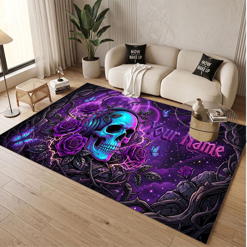 Tappeto Morbido in Velluto di Cristallo Tema Gotico Teschio Stampa Personalizzata Nome e Testo Tappeto Antiscivolo per Camera da Letto Soggiorno