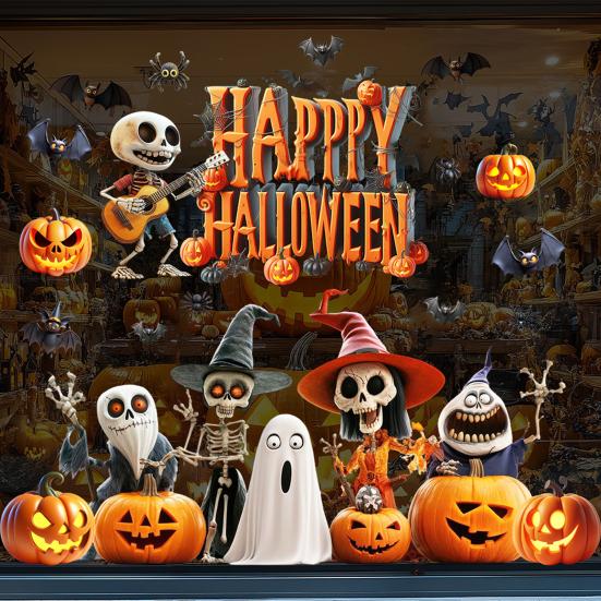 Halloween Window Cling Waterproof PVC Guitar Skeleton Ghost Pumpkin Spider Bat Static Glass Sticker Holiday Party Decoration Decal