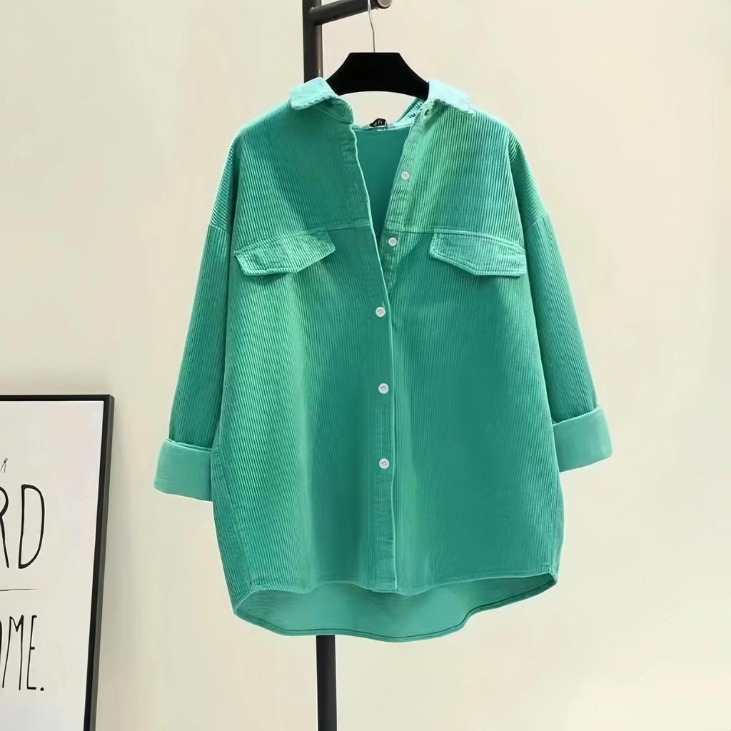 Women's Spring Solid Color Shirt Corduroy Shirt Double Pocket Thick Shirt Cardigan Button Polo Collar Long Sleeve Tops