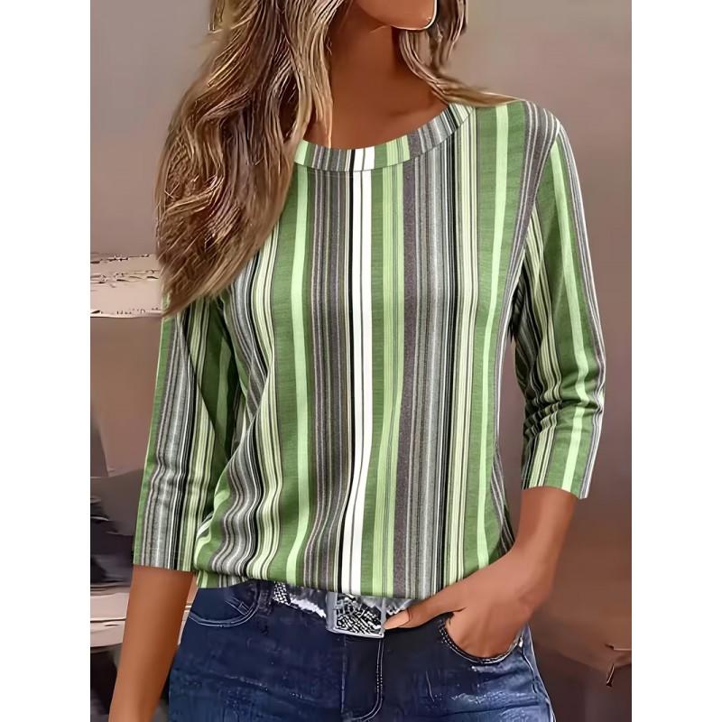 Color Block Striped Crew Neck Long Sleeve T-Shirt Slim Fit Casual Top Daily Wear