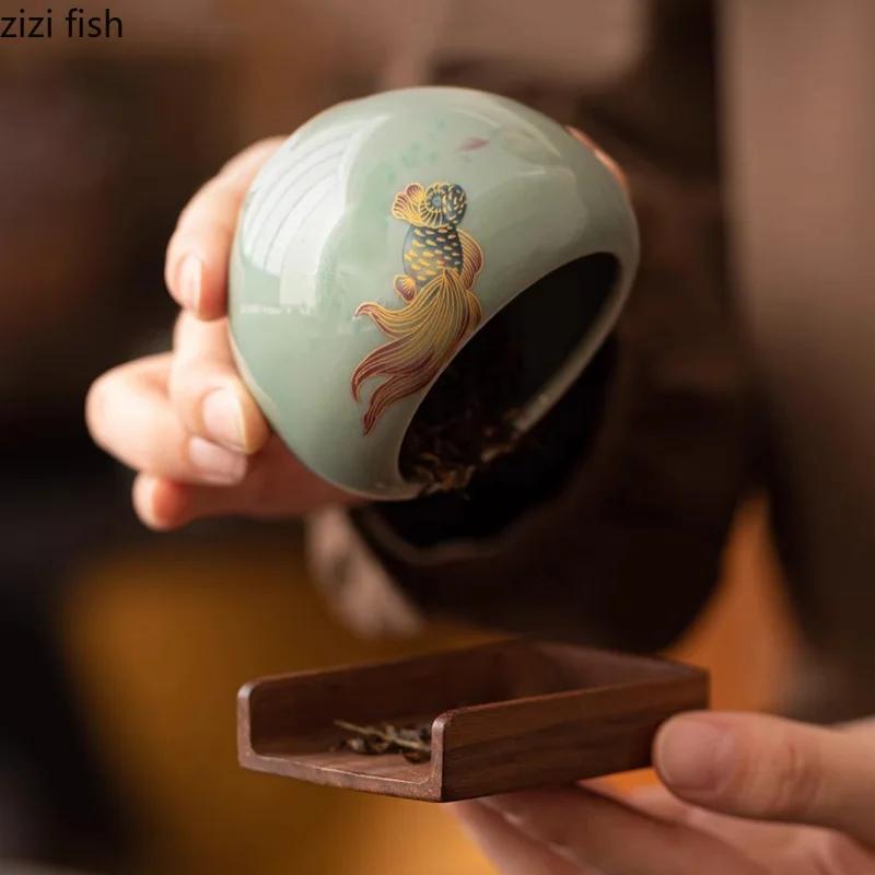 Ru Kiln Ceramic Tea Jar Sealed Jar Creative Koi Small Capacity Green Tea Black Tea Storage Jar Portable Household Storage Jars