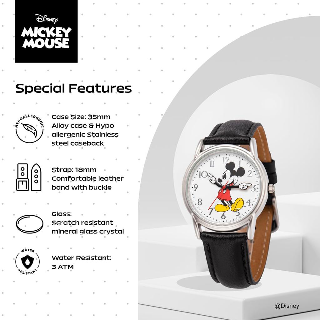 Disney Mickey Mouse Adult Classic Cardiff Articulating Hands Analog Quartz Watch with Leather Strap, Black, Mickey Cardiff Watch 2 - Silver CaseBlack