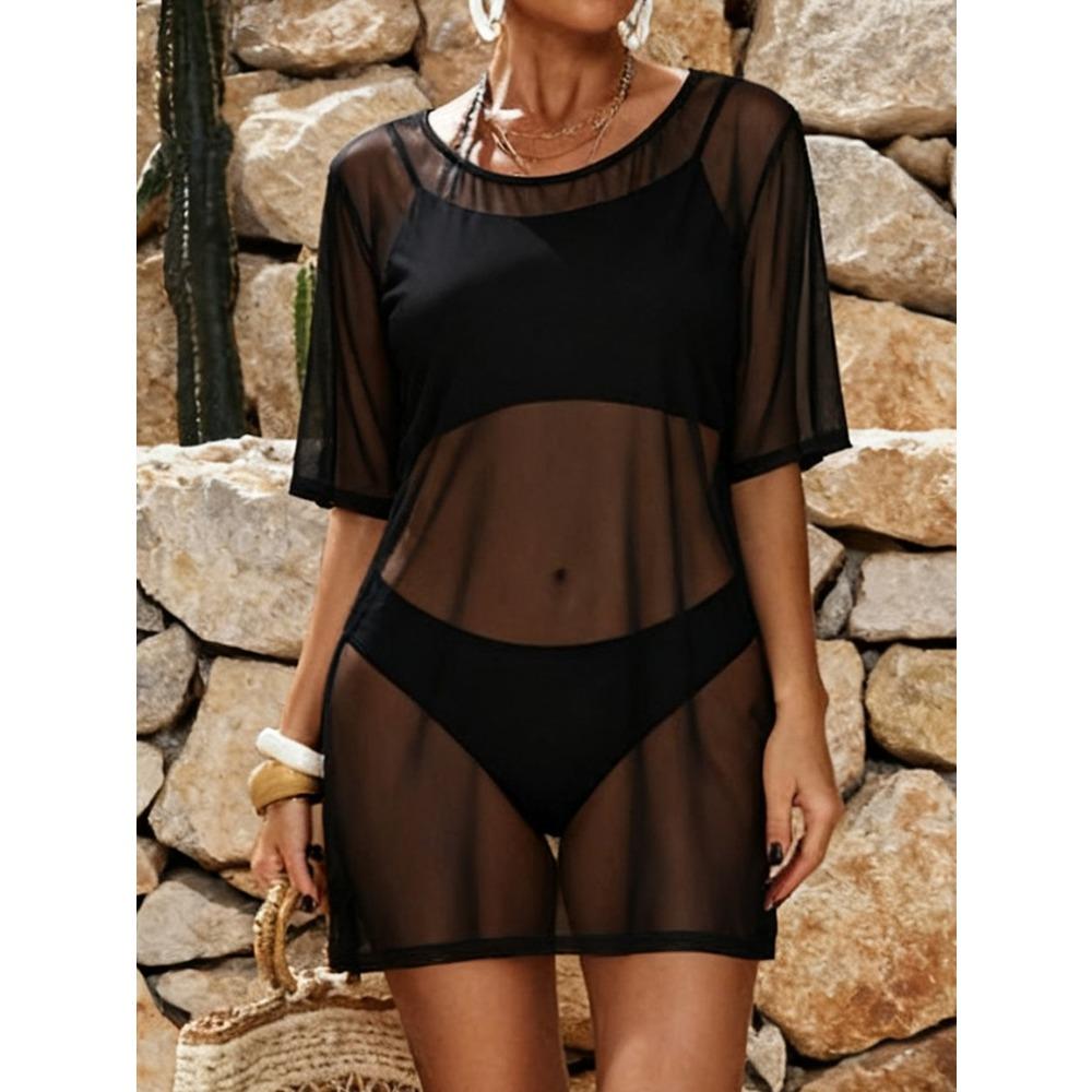 Robe d'été sexy en résille transparente à manches trois-quarts, T-shirt décontracté, Paréo de plage pour femmes