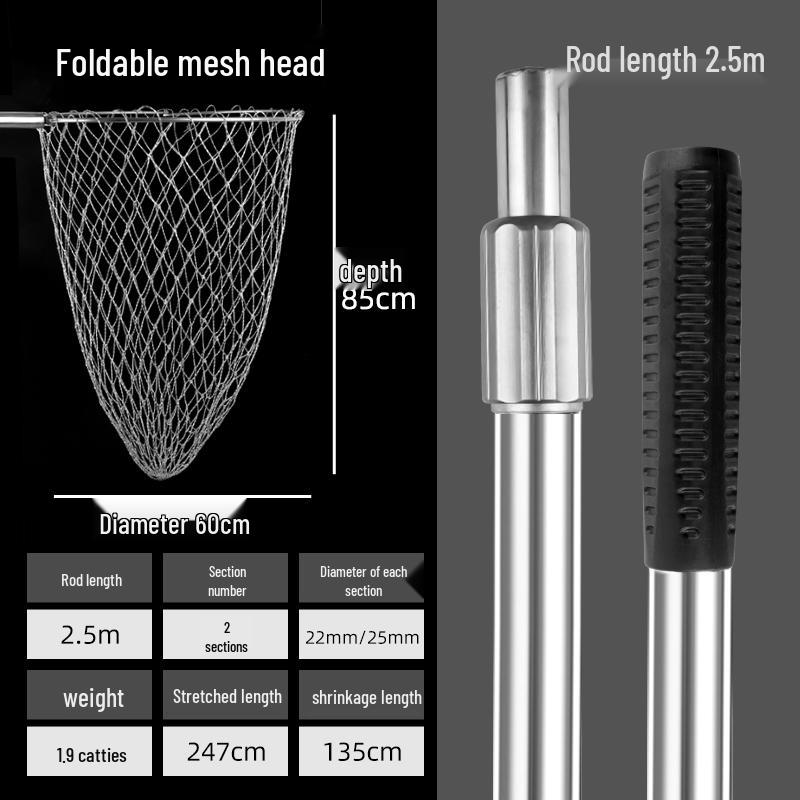 Telescopic Stainless Steel Fishing Rod with Foldable Net Head and Fish Bag Grapnel Set