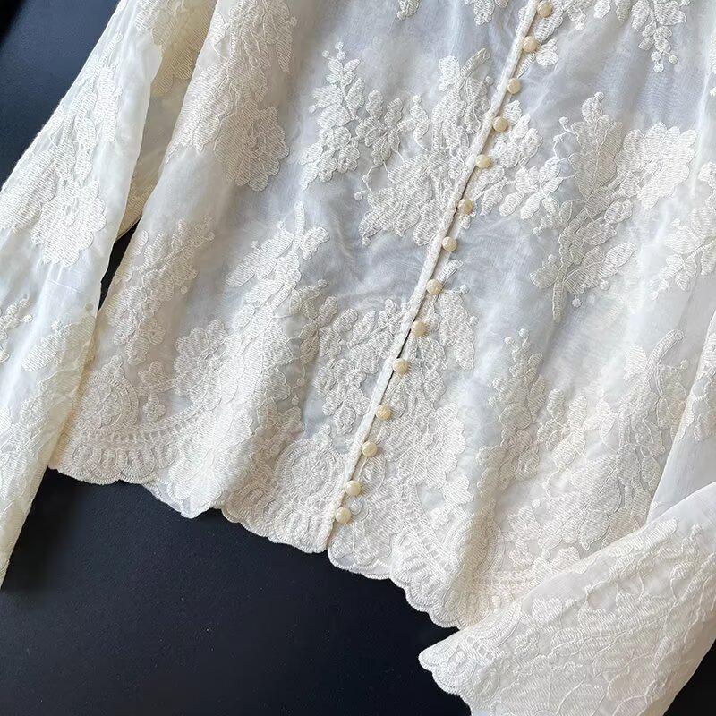 Semi-Transparent Lace Embroidered Women's Round Neck Blouse
