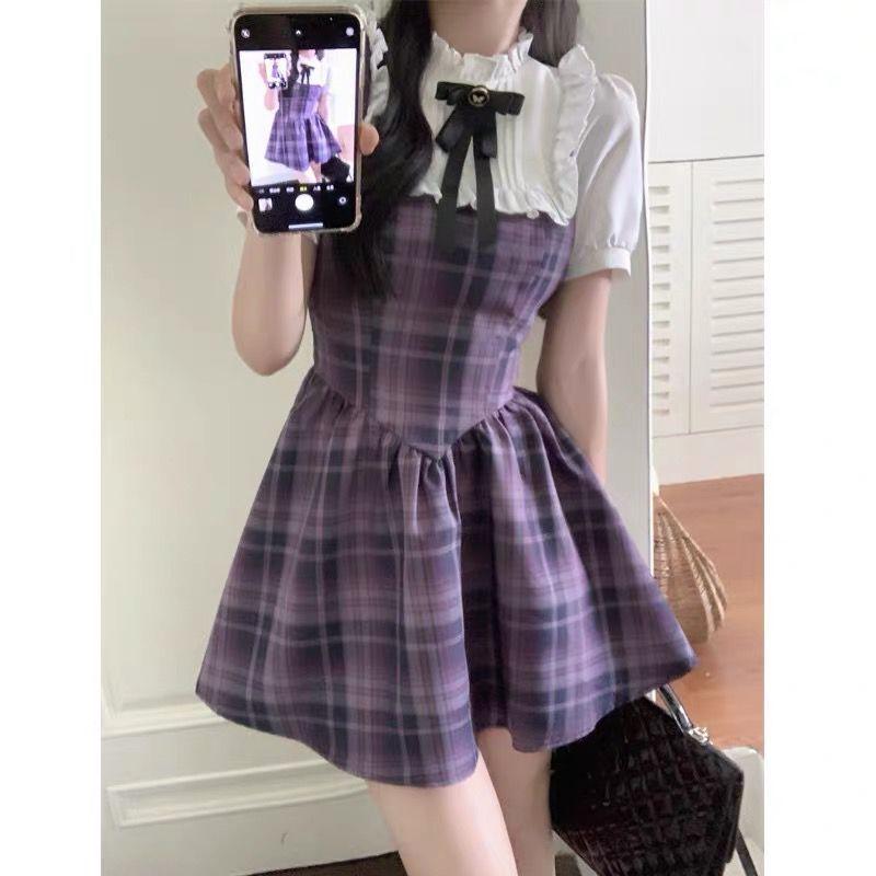 Women Vintage Plaid Patchwork College Style Bow Sweet Dresses Summer Harajuku Ruffles Short Sleeve Slim Kawaii Fairy Mini Dress