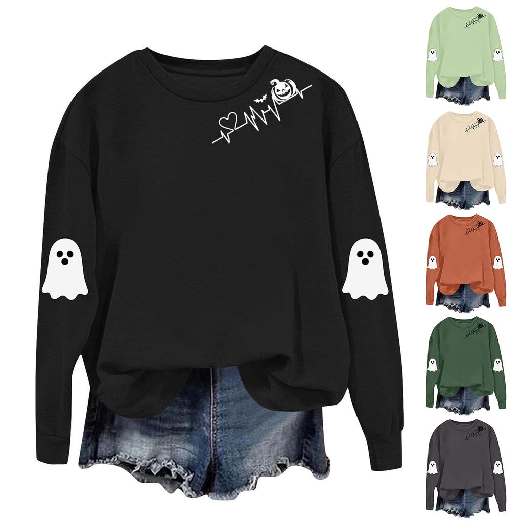 Women's Fashionable Casual Long-sleeved Halloween Printed Round-neck Top