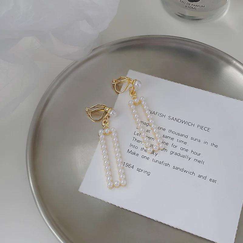 Retro Hong Kong Pearl Square Tassel Clip-On Earrings - French Style, Elegant & High Quality