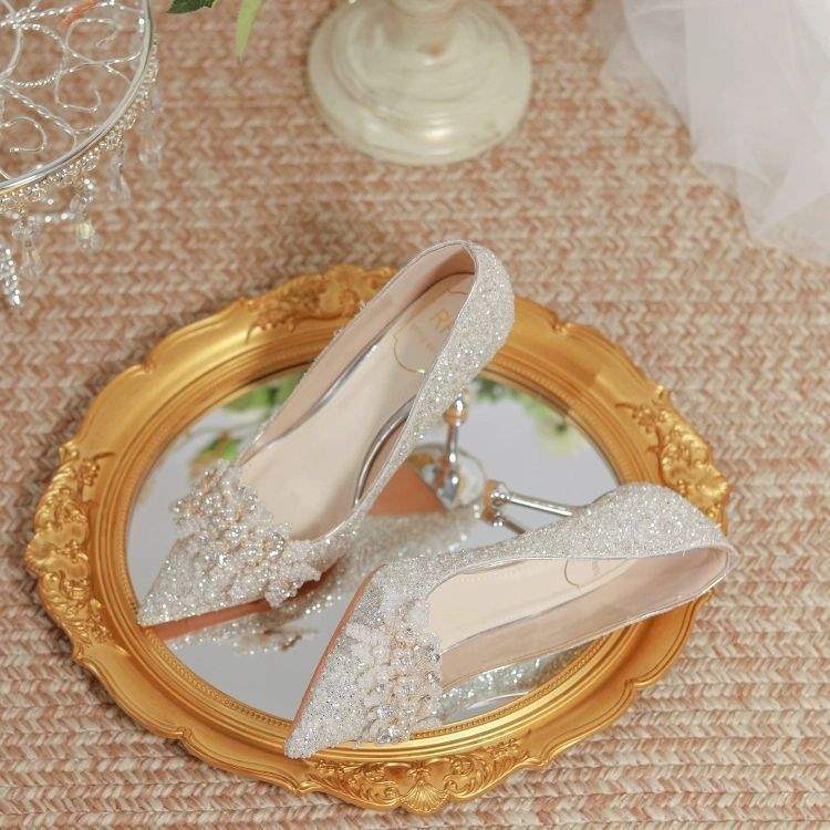 

Wedding shoes bridal shoes 2025 new silver high heels women s thin heels Xiuhe French main wedding dress crystal shoes pointed head 40