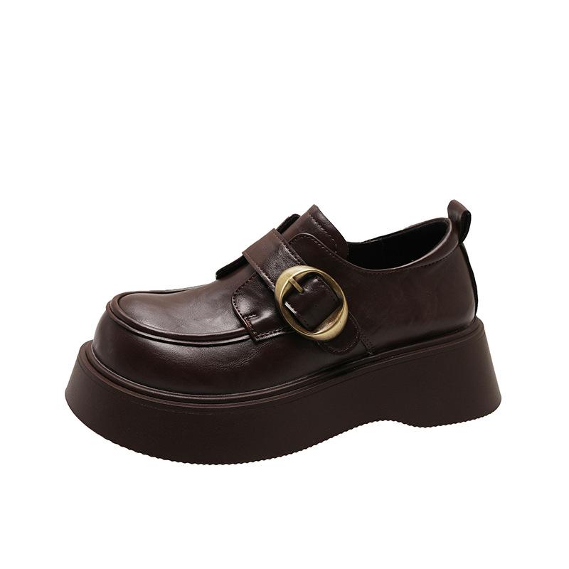 2025 Spring and Autumn New Loafers Women's Thick Heel Platform Single Shoes Retro Belt Buckle British Style Heightening Small Leather Shoes