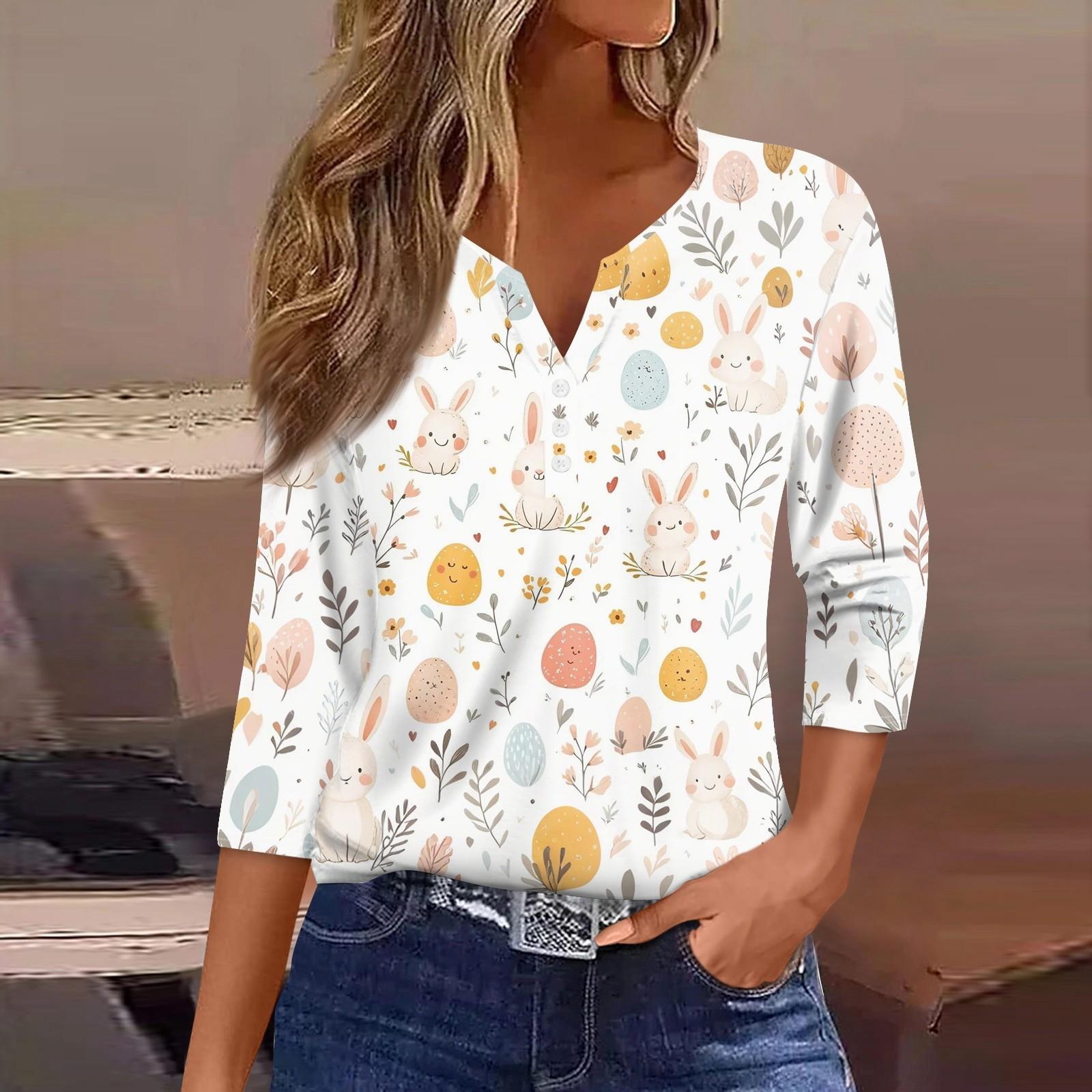 

Жіноча футболка з принтом на ґудзиках з рукавами 3/4, щоденна мода на вихідні, звичайний топ із V-подібним вирізом L помаранчевий